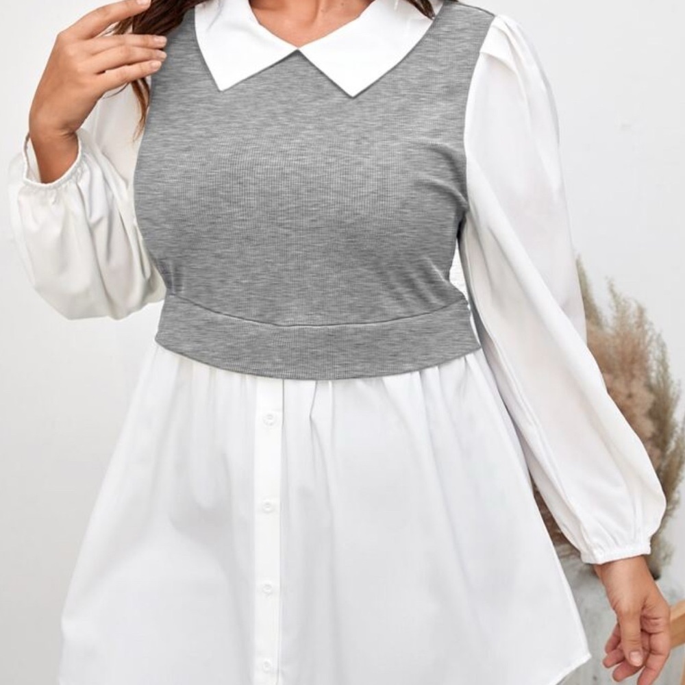✨Gray Layered Blouse M 🤍‎ Preppy Knit Vest Shirt Chic Style ✨